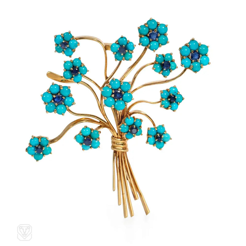 Mid - Century Forget - Me - Not Turquoise And Sapphire Brooch