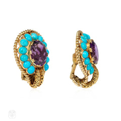 Mid-Century French amethyst and turquoise cluster earrings