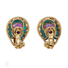 Mid-Century French amethyst and turquoise cluster earrings