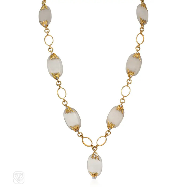 Mid-Century French diamond gold and frosted glass necklace