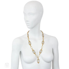 Mid-Century French diamond, gold, and frosted glass necklace