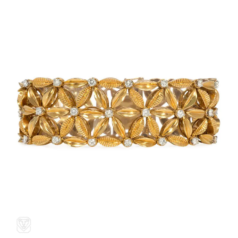 Mid - Century French Gold And Diamond Flower Link Bracelet