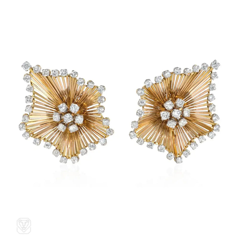 Mid - Century French Gold And Diamond Undulating Earrings