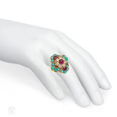 Mid-Century French, ruby, turquoise and diamond cocktail ring