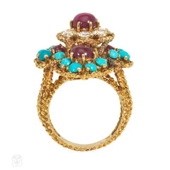 Mid-Century French, ruby, turquoise and diamond cocktail ring