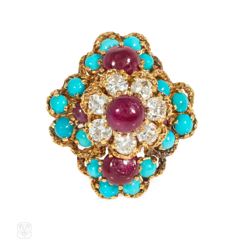 Mid-Century French ruby turquoise and diamond cocktail ring