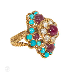 Mid-Century French, ruby, turquoise and diamond cocktail ring