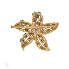Mid-Century French turquoise and diamond flower brooch