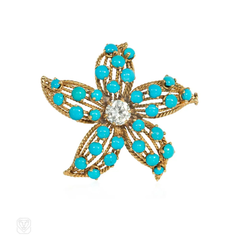 Mid-Century French turquoise and diamond flower brooch