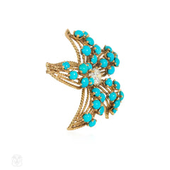 Mid-Century French turquoise and diamond flower brooch