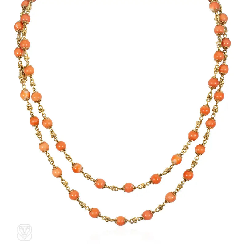 Mid-Century gold and coral bead chain necklace/bracelet