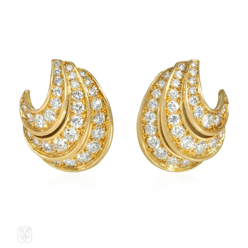 Mid - Century Gold And Diamond Crescent Earrings