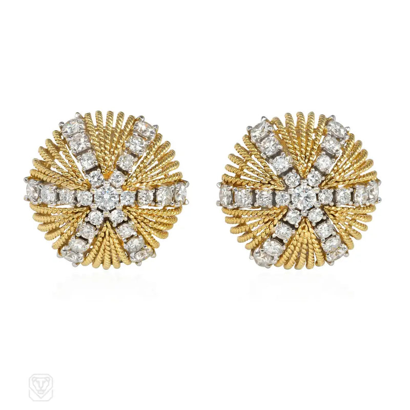 Mid - Century Gold And Diamond Domed Starburst Earrings