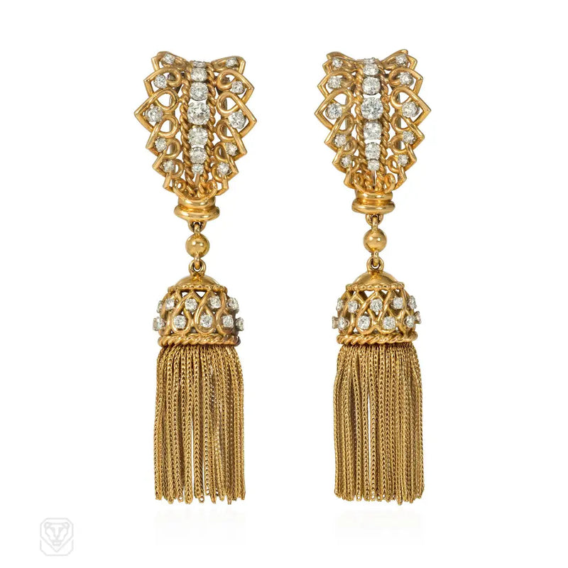 Mid - Century Gold And Diamond Tassel Zipper Earrings
