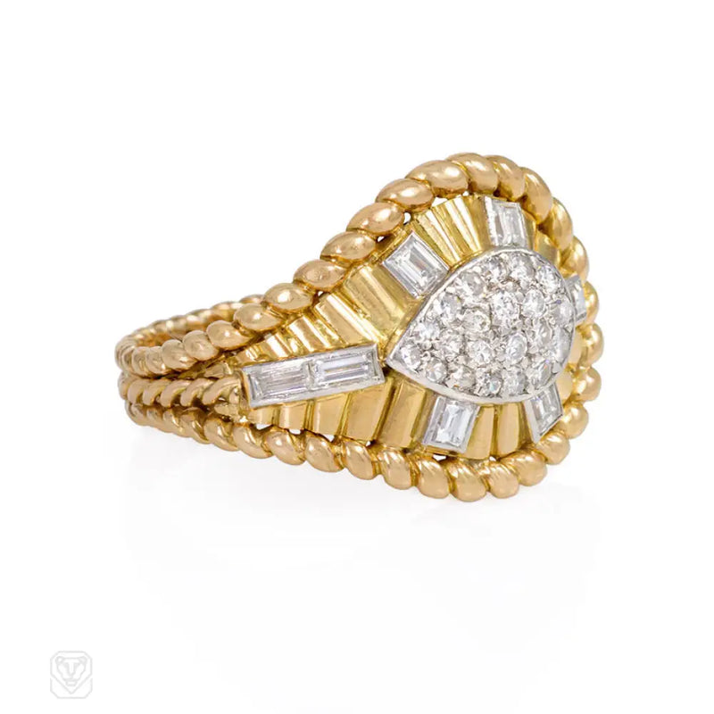 Mid - Century Gold And Diamond Teardrop Ring