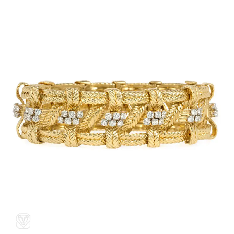 Mid - Century Gold And Diamond Woven Design Bracelet