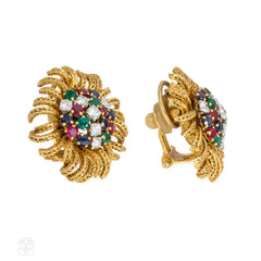 Mid-century gold and gemset stylized flower earrings