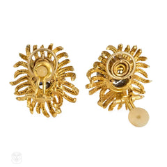 Mid-century gold and gemset stylized flower earrings