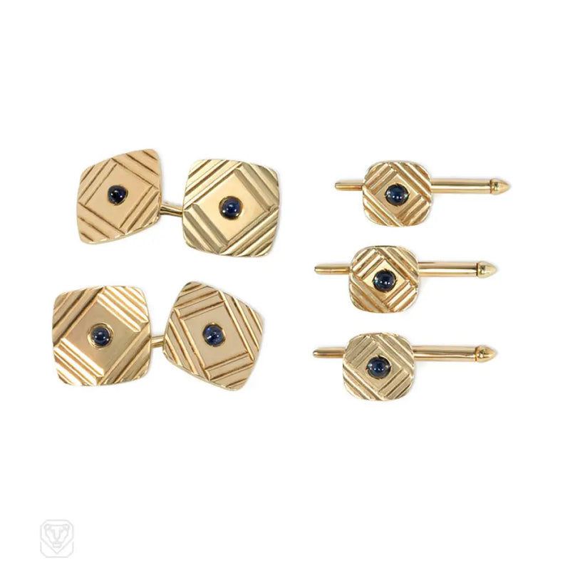 Mid - Century Gold And Sapphire Cufflinks Stud Set