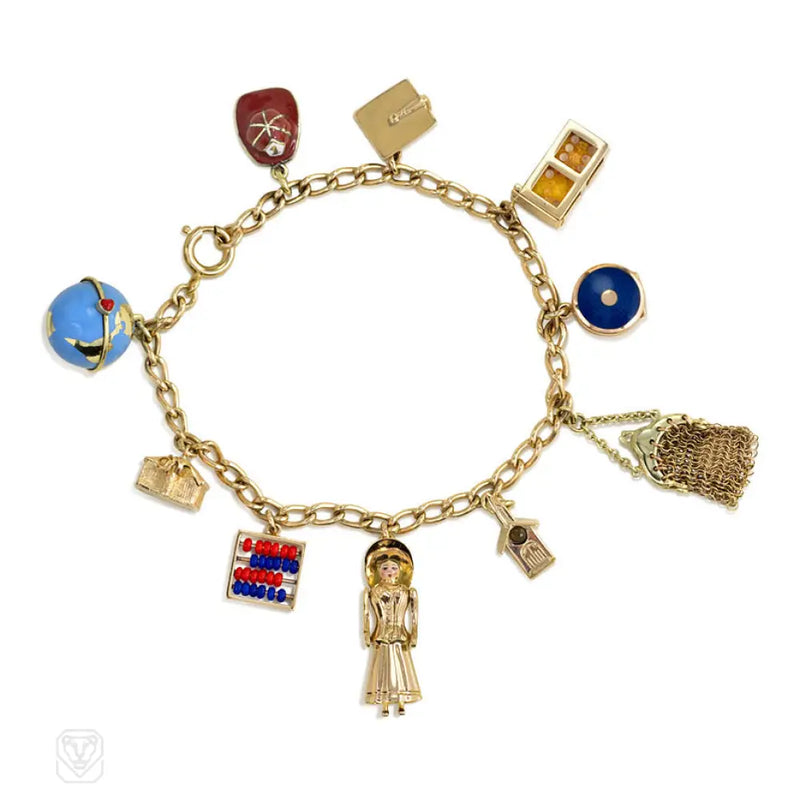 Mid - Century Gold Bracelet With And Enamel Charms