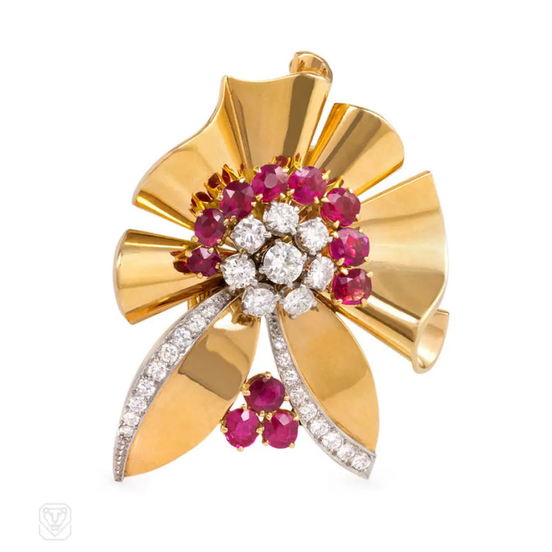 Mid - Century Gold Ruby And Diamond Brooch Sasportas For Bailey Banks & Biddle