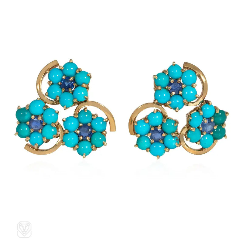 Mid - Century Gold Turquoise And Sapphire Flower Cluster Earrings