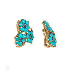 Mid-century gold, turquoise, and sapphire flower cluster earrings