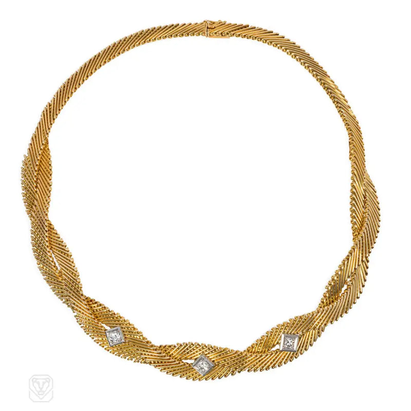 Mid - Century Gold Wire Twist Necklace With Diamonds