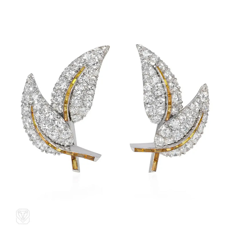 Mid - Century Interchangeable Diamond Leaves Earrings