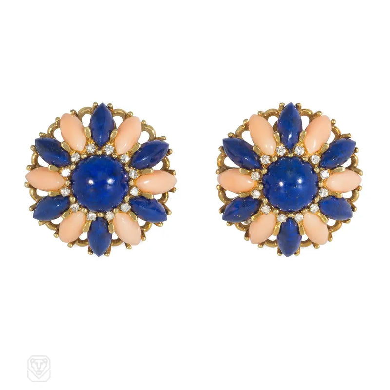 Italian Mid - Century Angel Skin Coral And Lapis Earrings