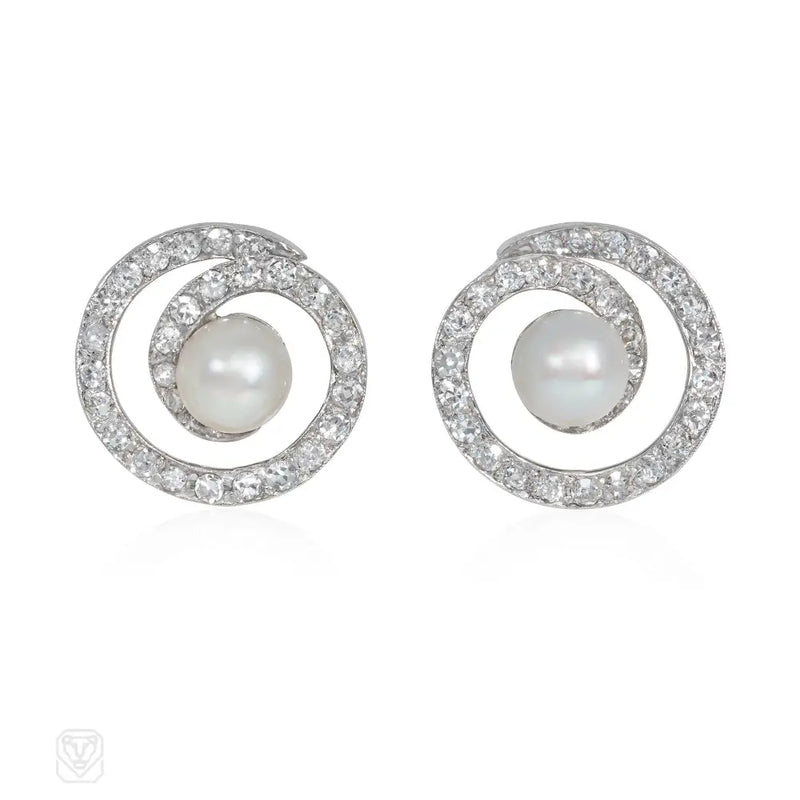 Mid - Century Natural Pearl And Diamond Spiral Earrings
