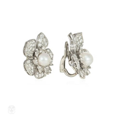 Mid-century pearl and diamond flower earrings