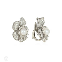 Mid-Century pearl and diamond flower earrings