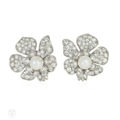 Mid-century pearl and diamond flower earrings