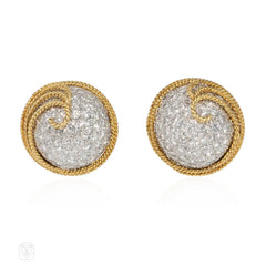 Mid-century ropetwist gold and diamond bombé earrings