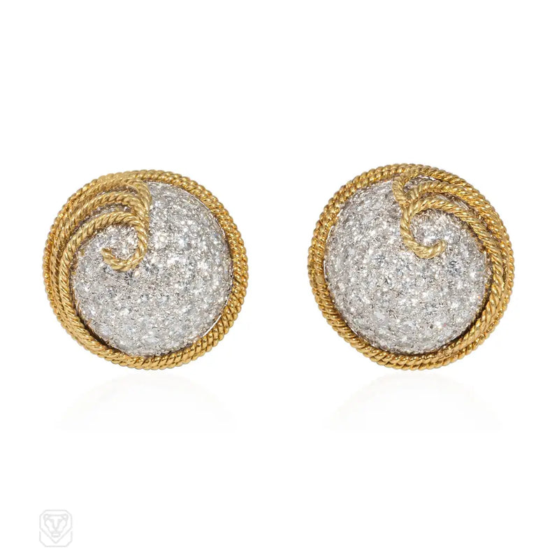 Mid - Century Ropetwist Gold And Diamond Bombé Earrings