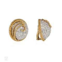 Mid-century ropetwist gold and diamond bombé earrings