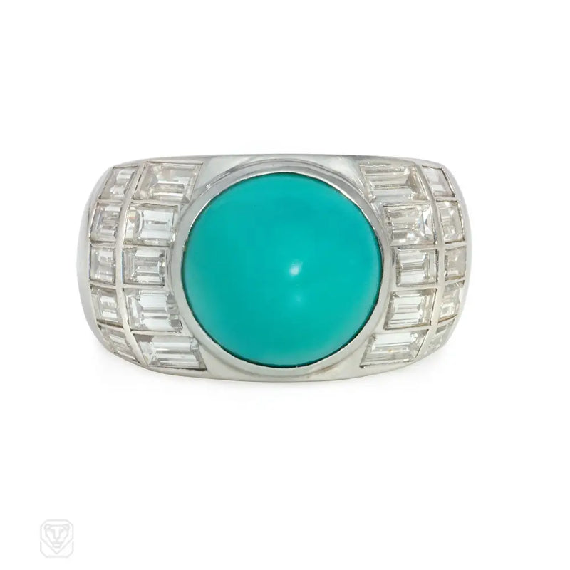 Mid - Century Turquoise And Baguette Diamond Ring