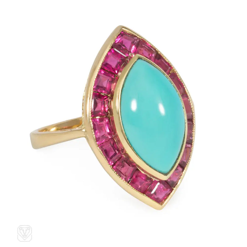 Mid - Century Turquoise And Ruby Marquise - Shaped Ring