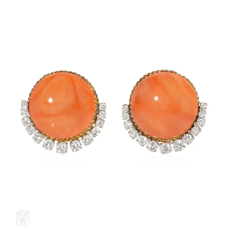 Mid-Century Van Cleef & Arpels coral and diamond crescent earrings