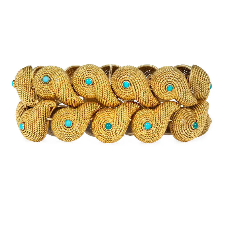 Mid-Century Ventrella Roma gold and turquoise overlapping scroll bracelet