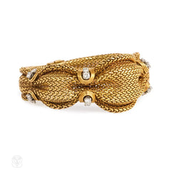 Mid-Century woven gold and diamond bracelet, France.