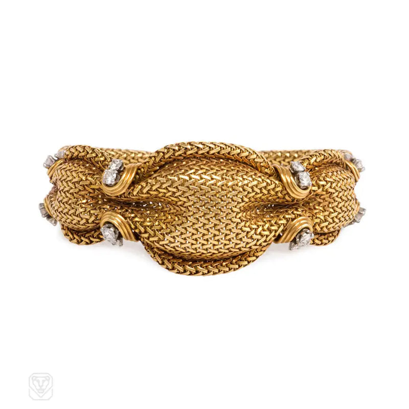 Mid-Century woven gold and diamond bracelet France.