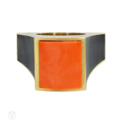 Modernist coral, onyx, and gold ring