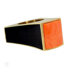Modernist coral, onyx, and gold ring