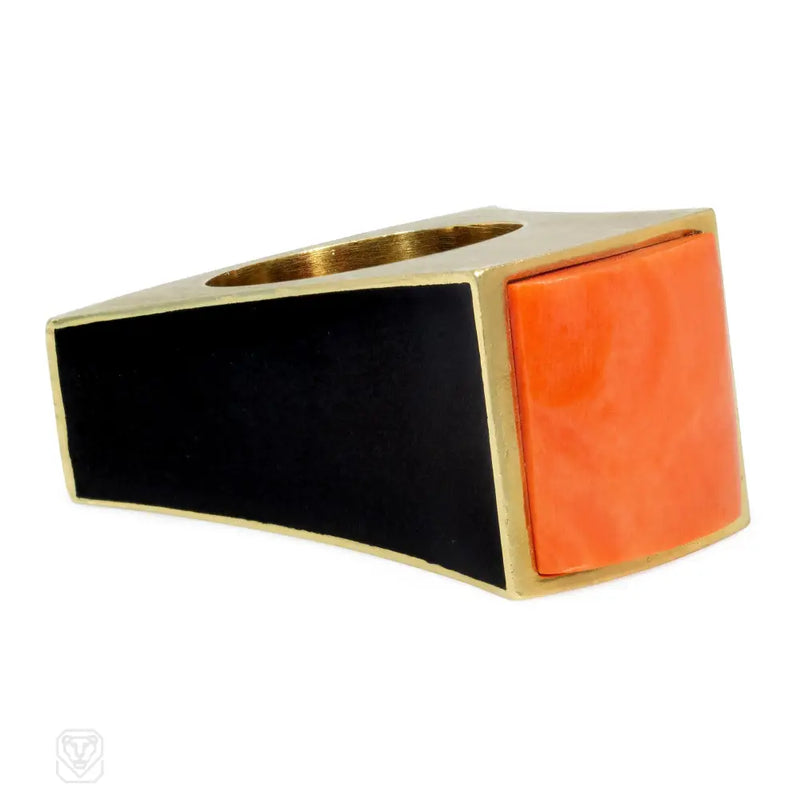 Modernist coral onyx and gold ring