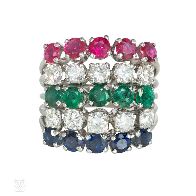 Multi - Gem And White Gold Harem Ring