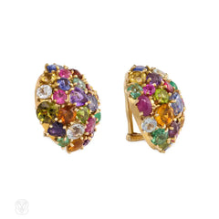 Multi-gemstone and gold bombé clip earrings