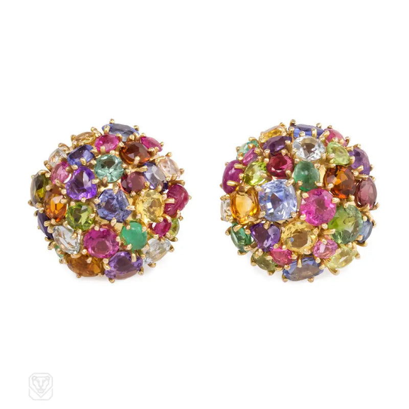 Multi - Gemstone And Gold Bombé Clip Earrings