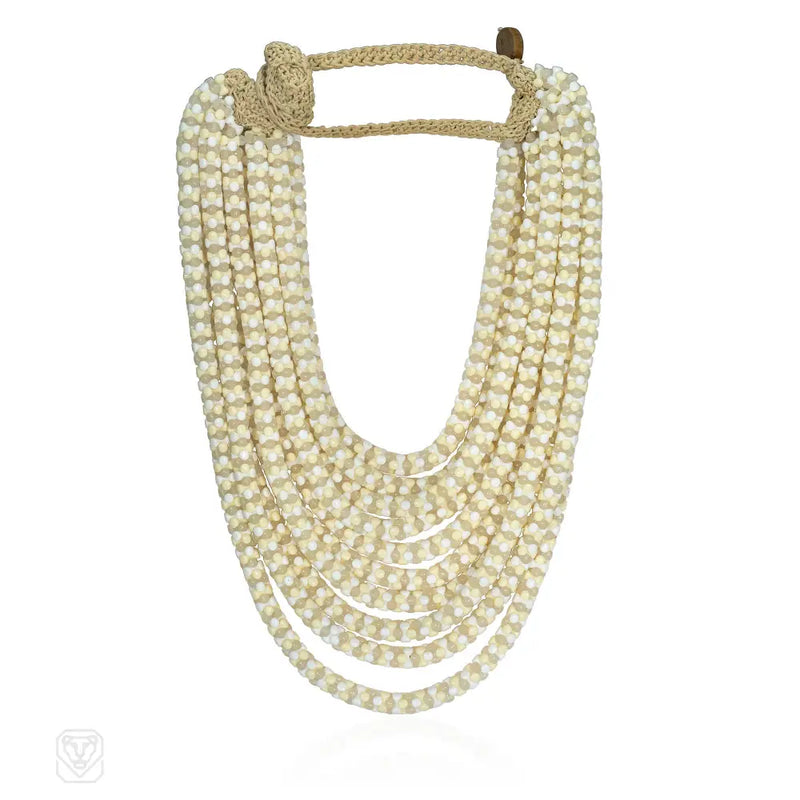 Multi - Row Handmade White And Beige Acrylic Bead Necklace